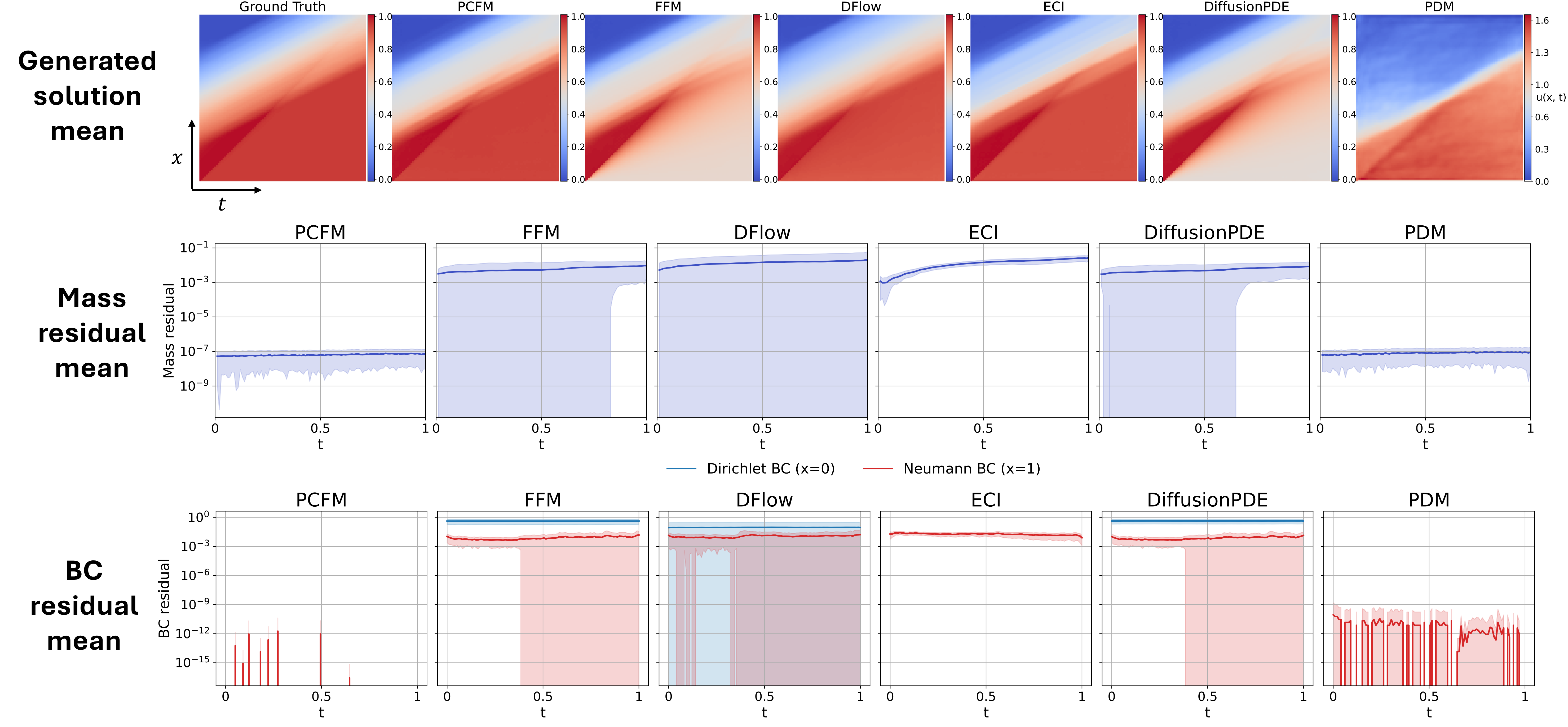 Burgers equation BC fixed: solutions, mass residual, and BC residuals