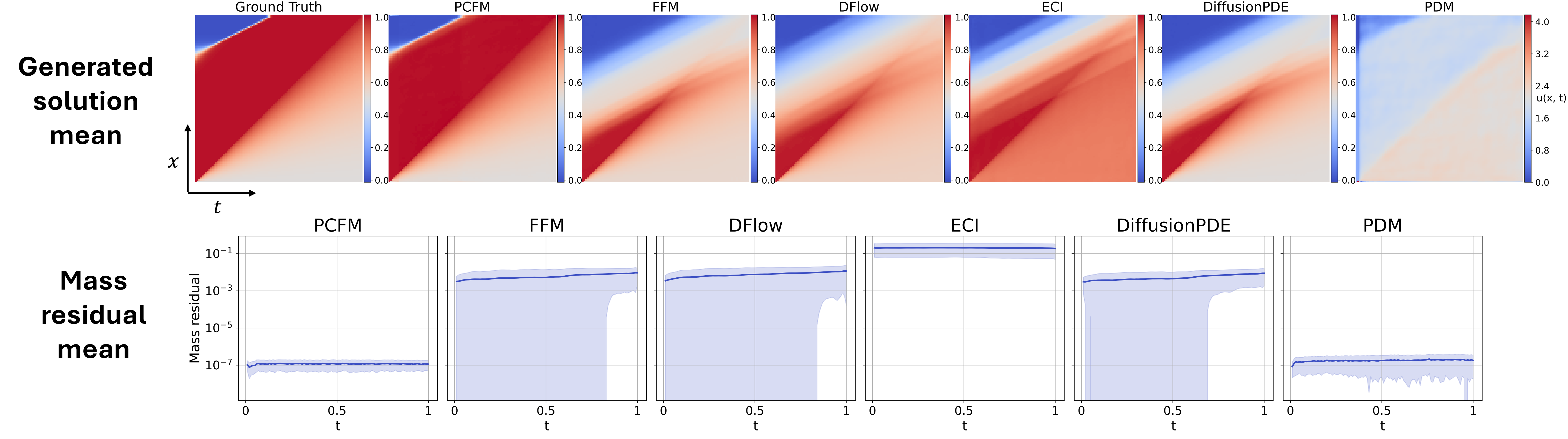 Burgers equation IC fixed: solutions and mass residuals